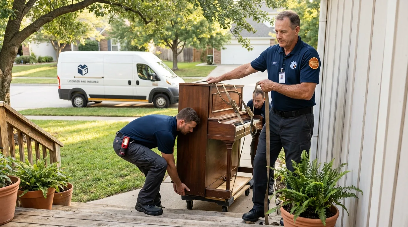 Licensed piano movers securing grand piano in Harrison, TN