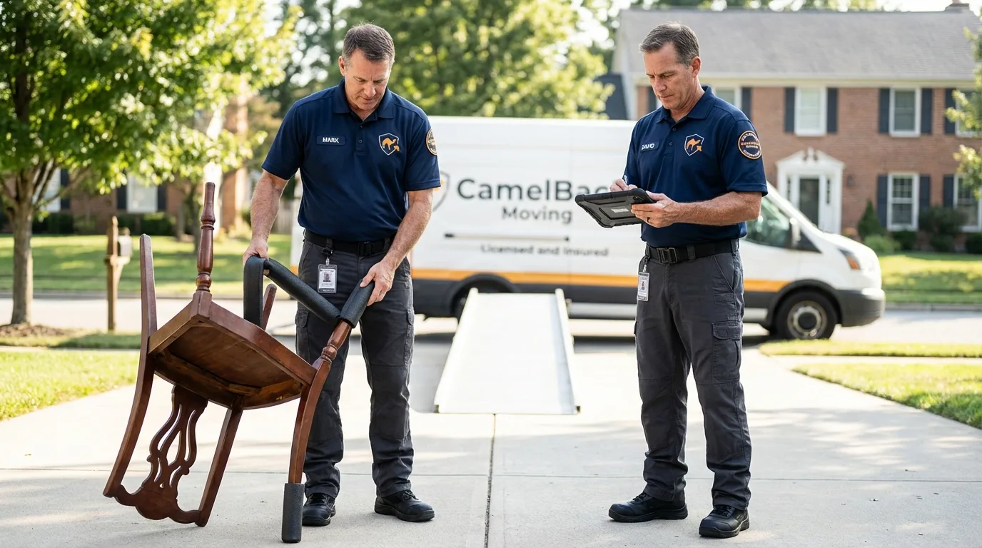 Movers inspecting furniture for damage prevention before loading in Harrison, TN